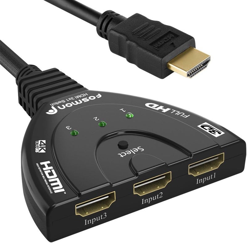 Fosmon 4K HDMI Switch, 3 Port HDMI Switcher with Pigtail Cable, Supports 30Hz, HDCP, Ultra HD for HDTV, PS5, Xbox, Fire Stick - Image 1