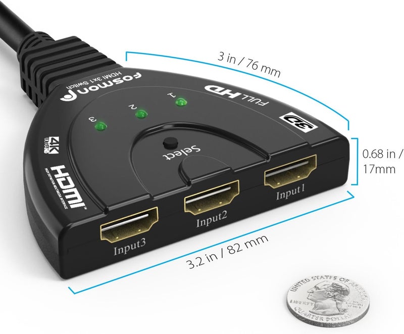 Fosmon 4K HDMI Switch, 3 Port HDMI Switcher with Pigtail Cable, Supports 30Hz, HDCP, Ultra HD for HDTV, PS5, Xbox, Fire Stick - Image 5
