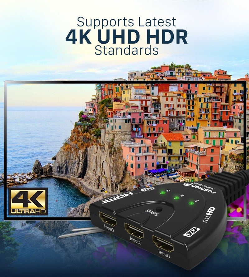 Fosmon 4K HDMI Switch, 3 Port HDMI Switcher with Pigtail Cable, Supports 30Hz, HDCP, Ultra HD for HDTV, PS5, Xbox, Fire Stick - Image 3