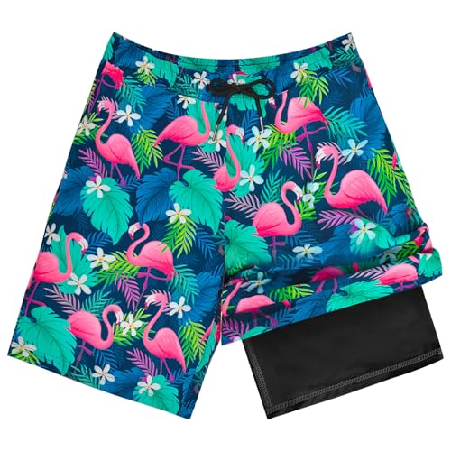 OlyPegic Boys Swim Trunks Size 10-12, Boy Swim Shorts Boy Bathing Suit Swimsuit Kids Swimwear Board Shorts with Boxer Brief Liner Compression Toddler Beach Running Swim Trunks (Flamingo) - Image 1
