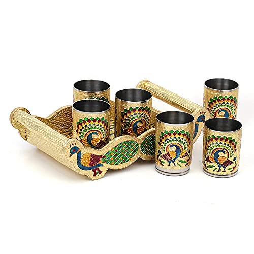 Dhavl Stainless Steel Meenakari Glass Set of 6 with Tray | Handmade Peacock Design Tumblers | Golden Meenakari Drinkware | Traditional Indian Serveware | Wedding, Housewarming & Festival Gift Set - Image 3
