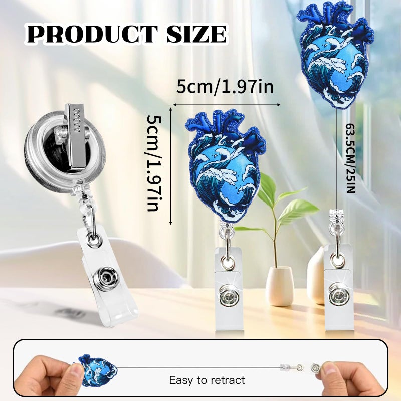 TNDCKP Heart Badge Reel, Funny Blue Waves Badge Reels Retractable, Name Badge Holder Reel ID Clip, Cute Organ Decorative for RN LPN CNA MA Medical Worker Teacher Nurse Badge Accessories - Image 3