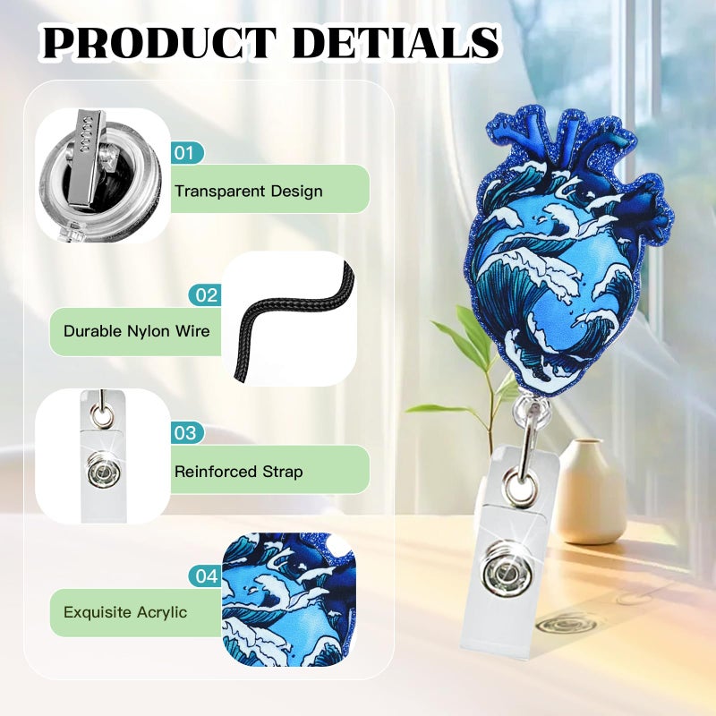 TNDCKP Heart Badge Reel, Funny Blue Waves Badge Reels Retractable, Name Badge Holder Reel ID Clip, Cute Organ Decorative for RN LPN CNA MA Medical Worker Teacher Nurse Badge Accessories - Image 4