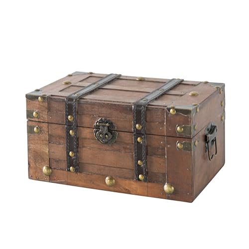 SLPR Alexander Small Wooden Treasure Chest - 11" x 7" x 5.5", Wood Storage Box with Hinged Lid, Decorative Trunk for Keepsakes, Vintage Pirate Chest for Classroom - Image 1