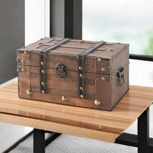 SLPR Alexander Small Wooden Treasure Chest - 11" x 7" x 5.5", Wood Storage Box with Hinged Lid, Decorative Trunk for Keepsakes, Vintage Pirate Chest for Classroom - Image 5