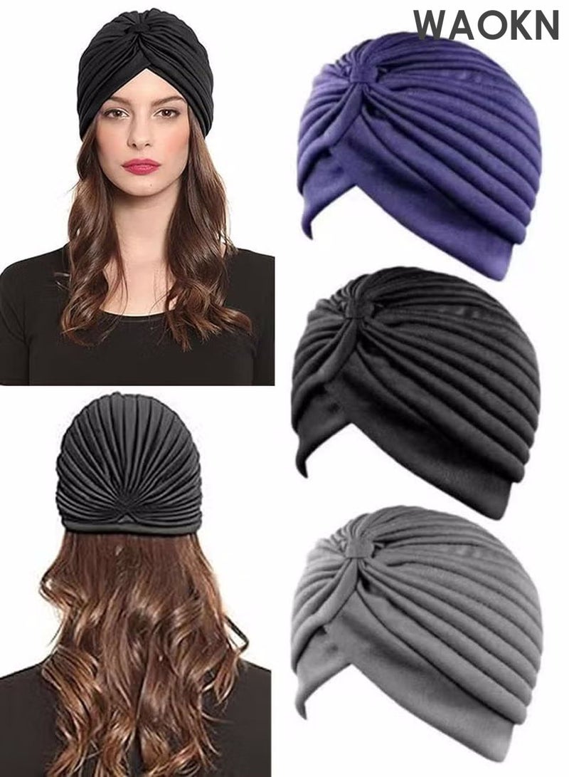 WAOKN 3 Pieces Turbans for Women No Snag Scarf Soft Turban Head Wrap Pleated Beanie Cap  For Home Wear Dinners Or Events Hat Cap Bone Bonnet Secure and Elegant for Daily and Eid Wear - Image 1