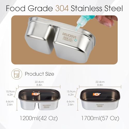 KEYOZA 18/10 Stainless Steel Lunch Box for Adults, 1.2L+1.7L Metal Bento Box with Divider, Leak-Proof Lunch Food Containers for Woman Man, Dishwasher Safe, Oven Safe Except for Lid - Image 3