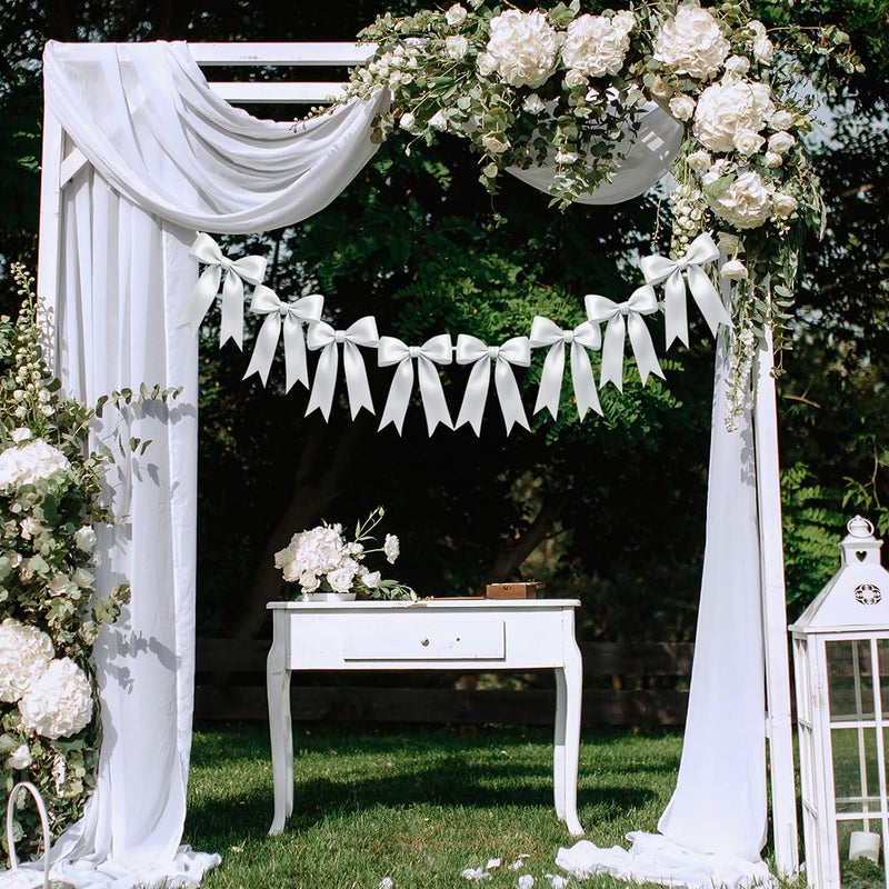 EONSUI 2 Strings of 16PCS White Bow Garlands Banner Decoration,Pre-Strung Satin Ribbon Ornaments for Birthday,Bachelorette Party,Bridal Shower,Wedding,Engagement,Baby Shower, Graduation Decor,Anniversary - Image 1
