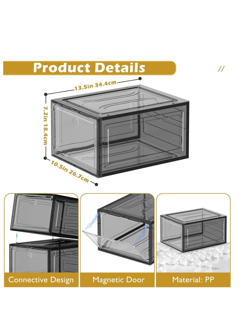 6 Pack Large Shoe Storage Organizer, Modular Space Saving Shoe Boxes Clear Plastic Stackable Containers Display Case Bins with Magnetic Door, Shoe Rack for Sneaker Storage