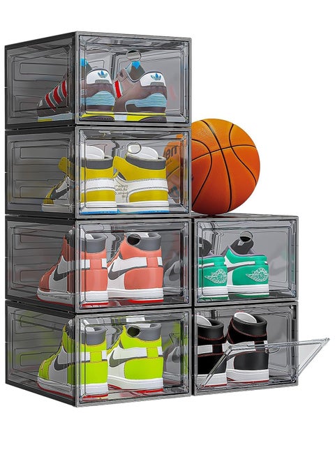 6 Pack Large Shoe Storage Organizer, Modular Space Saving Shoe Boxes Clear Plastic Stackable Containers Display Case Bins with Magnetic Door, Shoe Rack for Sneaker Storage