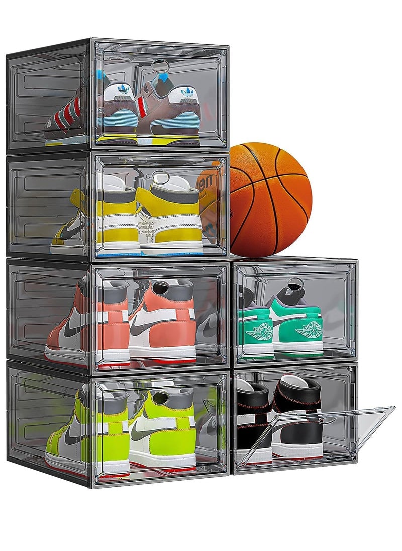 6 Pack Large Shoe Storage Organizer, Modular Space Saving Shoe Boxes Clear Plastic Stackable Containers Display Case Bins with Magnetic Door, Shoe Rack for Sneaker Storage