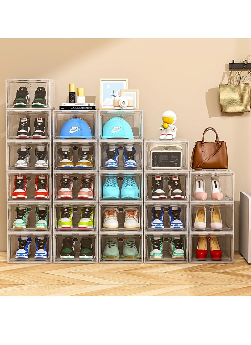 6 Pack Large Shoe Storage Organizer, Modular Space Saving Shoe Boxes Clear Plastic Stackable Containers Display Case Bins with Magnetic Door, Shoe Rack for Sneaker Storage
