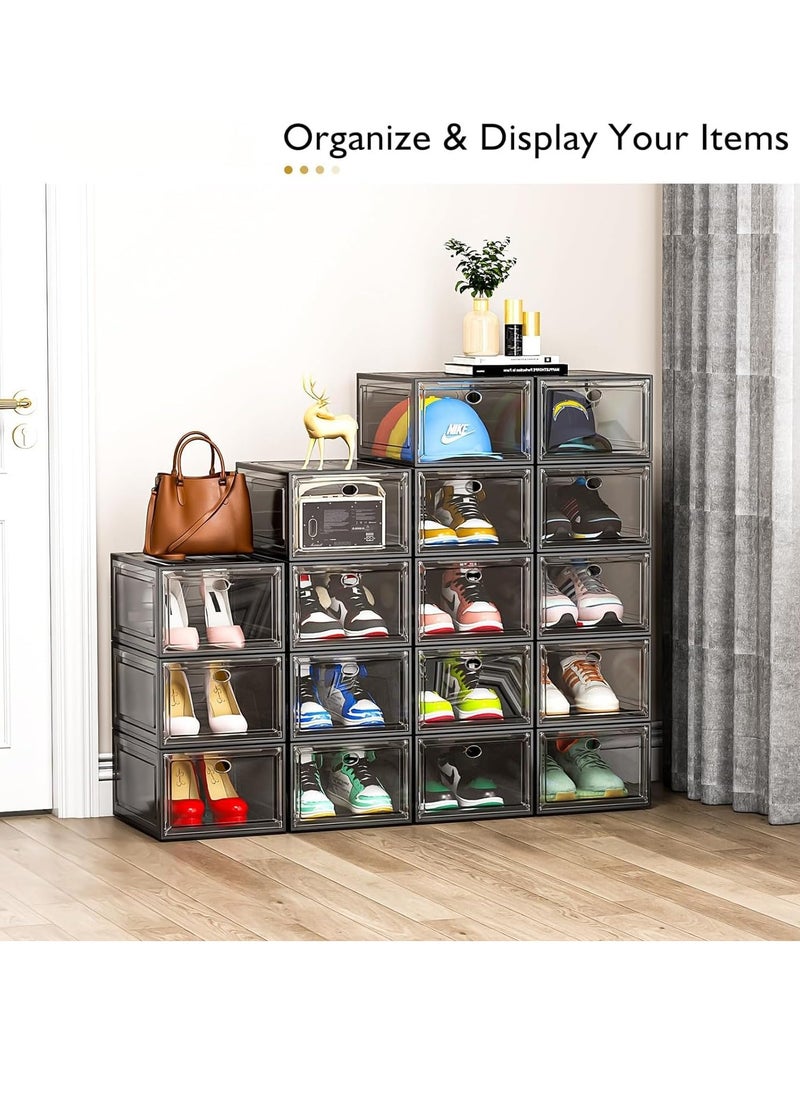 6 Pack Large Shoe Storage Organizer, Modular Space Saving Shoe Boxes Clear Plastic Stackable Containers Display Case Bins with Magnetic Door, Shoe Rack for Sneaker Storage