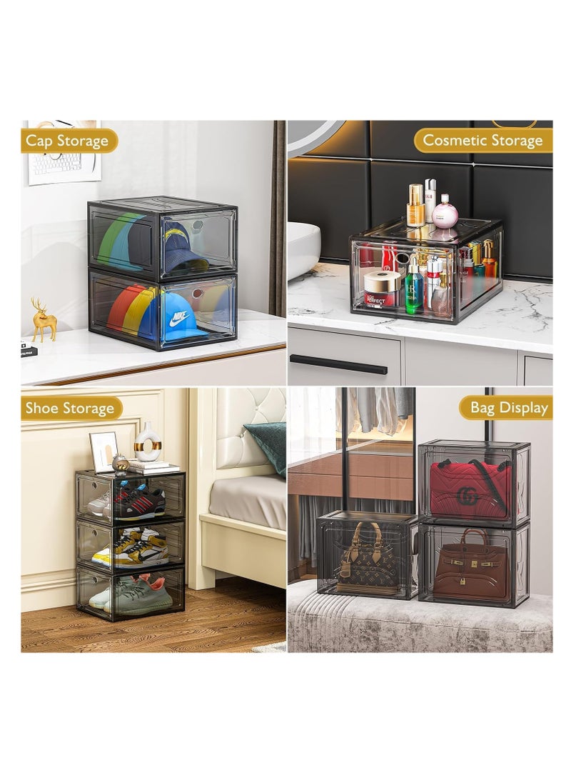 6 Pack Large Shoe Storage Organizer, Modular Space Saving Shoe Boxes Clear Plastic Stackable Containers Display Case Bins with Magnetic Door, Shoe Rack for Sneaker Storage