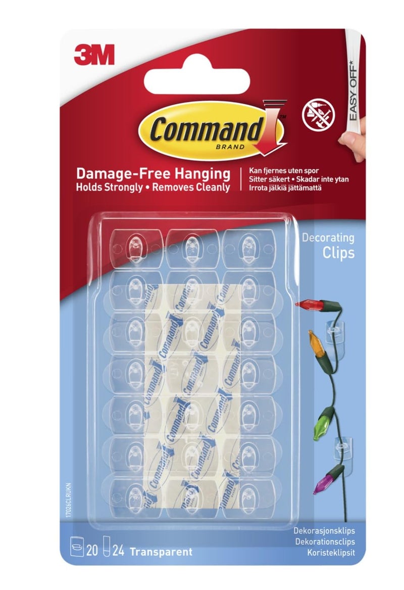 Command Command Plastic Clear Decorating Organizing Wall Hooks Holds Strongly Reusable Adhesive Hooks For Wall MultiSurface Damage Free Hooks For Hanging Transparent 20 Clips 24 Strips  - Image 1