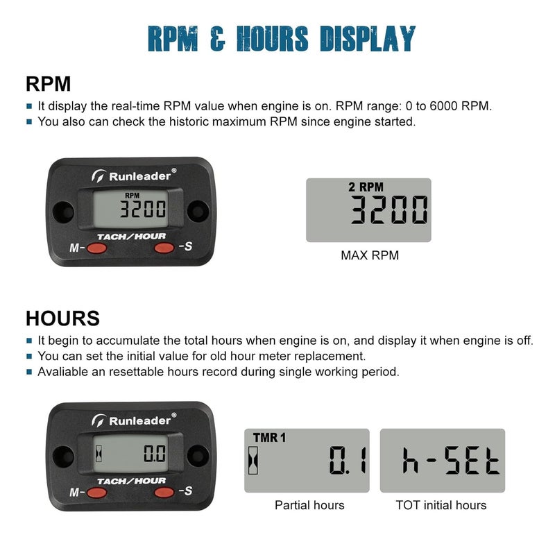 Runleader LCD Hour Meter Tachometer with Alligator Clip - Maintenance Reminder for Lawn Mower, Generator, Motorcycle, ATV, Outboard Motor, Jetski, Chainsaw - Image 3