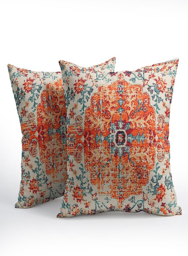 aportt Orange Blue Ethnic Boho Pillow Covers 20X20 Inch Bohemian Carpet Vintage Pillow Cases Rust Coral Floral Cotton Linen Throw Pillows Set of 2 Rustic Home Decor for Living Room Bedroom Cushion Outdoor - Image 2