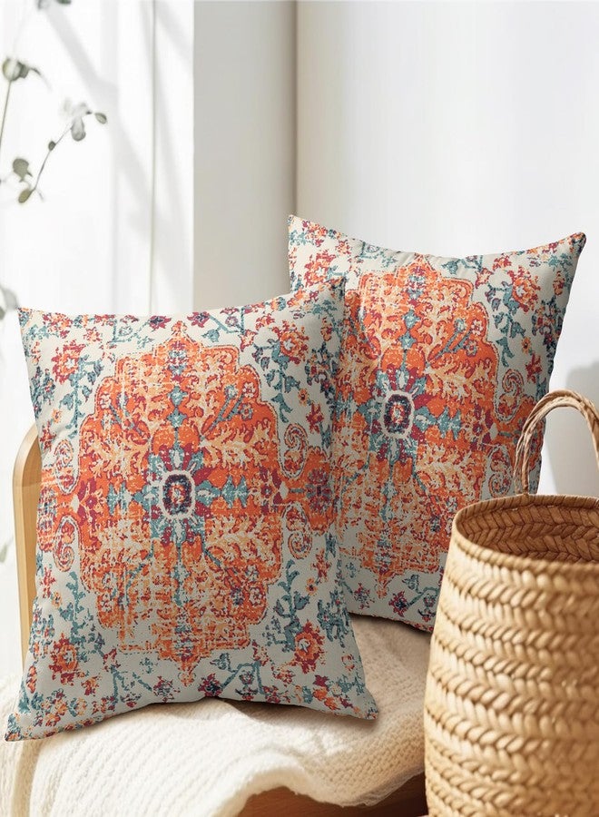 aportt Orange Blue Ethnic Boho Pillow Covers 20X20 Inch Bohemian Carpet Vintage Pillow Cases Rust Coral Floral Cotton Linen Throw Pillows Set of 2 Rustic Home Decor for Living Room Bedroom Cushion Outdoor - Image 5