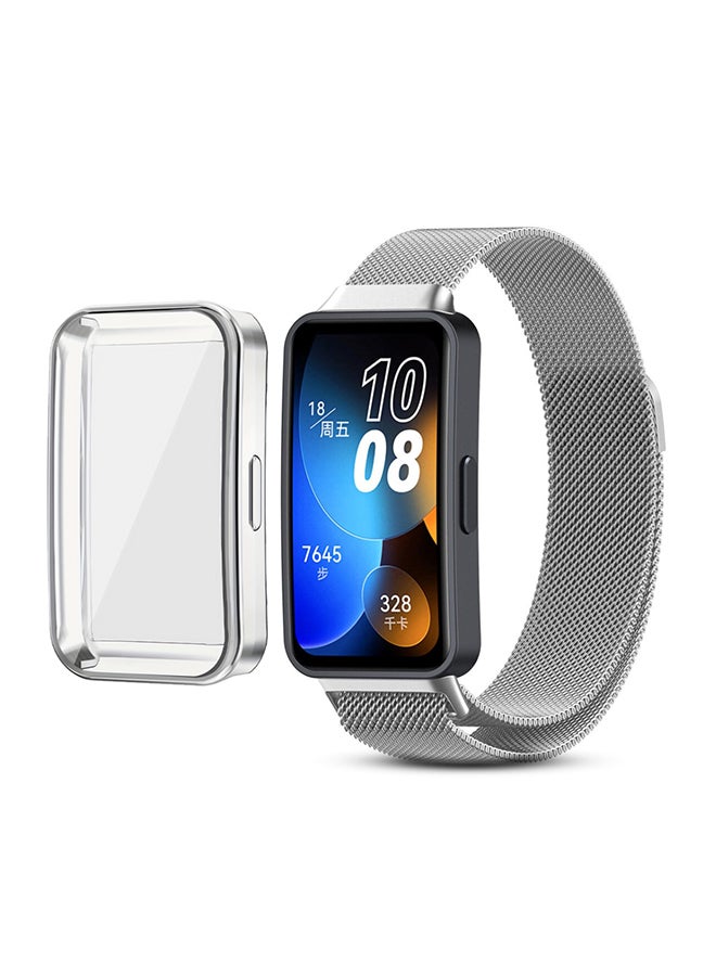 O Ozone Milanese Straps For Huawei Band 8 | Band 9 With TPU Watch Case, Magnetic Stainless Steel Mesh Replacement Strap for Women Men- Silver  - Image 1