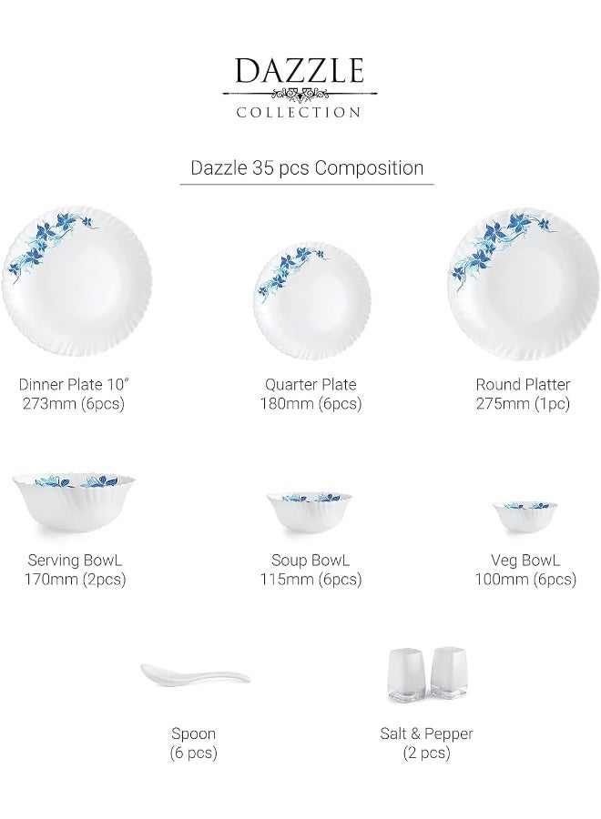 Cello Opalware Dazzle Blue Swirl Dinner Set, 35Pcs, White - Image 3