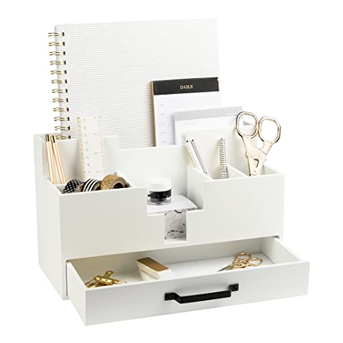 BLU MONACO  White Wood Desk Organizer with Drawer  Compact Desktop Mail  Office Supplies Storage with 6 Compartments  Modern Home Office Accessories for Women Kitchen Counter  Reception Areas - Image 1