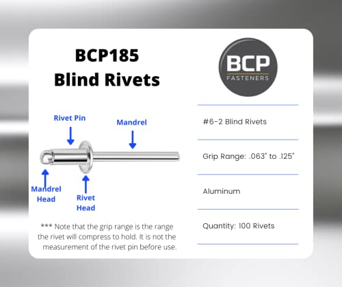 BCP Fasteners 100 Qty Aluminum Blind Rivets (#6-2) 3/16"" Diameter x 1/8"" Grip (BCP185) - Image 2
