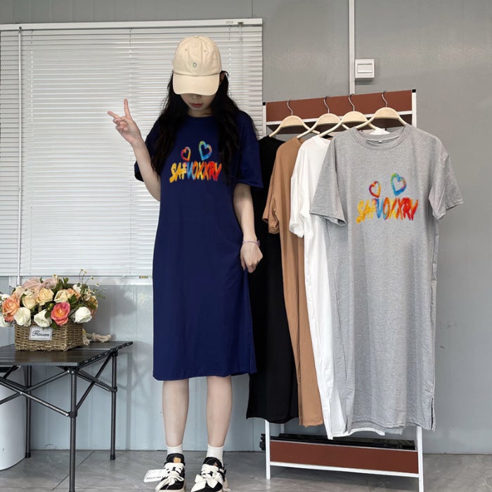 Letter Printing Loose Slim-fit Simple Dress Womens Summer Large Size Chubby Girls New Casual Over-the-knee T-shirt Long Dress Navy - Image 1