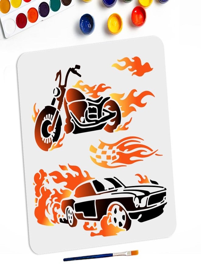 MAYJOYDIY Flames Fire Car Stencils 11.8×11.8inch Motorcycles Car Fire Painting Stencils with Paint Brush Vehicle Fire Theme Drawing Template for Fabric Walls Furniture Wood Canvas - Image 1