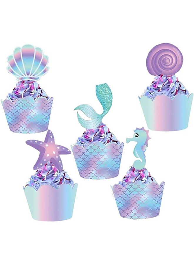 20 قطعة من أكواب الخبز على شكل حورية البحر وأغطية الكب كيك وأغلفة مزدوجة الجوانب بزخرفة على شكل حورية البحر الصغيرة تحت موضوع البحر حفلة عيد ميلاد تذكارات - Image 1