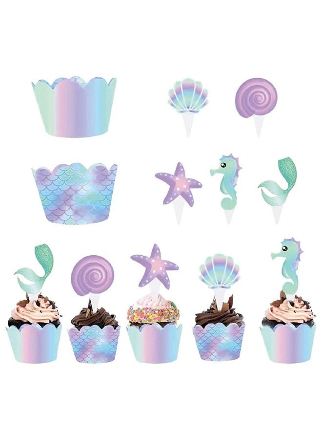 20 قطعة من أكواب الخبز على شكل حورية البحر وأغطية الكب كيك وأغلفة مزدوجة الجوانب بزخرفة على شكل حورية البحر الصغيرة تحت موضوع البحر حفلة عيد ميلاد تذكارات - Image 2