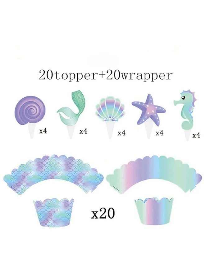 20 قطعة من أكواب الخبز على شكل حورية البحر وأغطية الكب كيك وأغلفة مزدوجة الجوانب بزخرفة على شكل حورية البحر الصغيرة تحت موضوع البحر حفلة عيد ميلاد تذكارات - Image 3