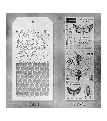 Tim Holtz Collection Stamper's Anonymous Tim Holtz Honeycomb & Insects Mixed Media Stamp and Stencil Set THMM111 - Image 2