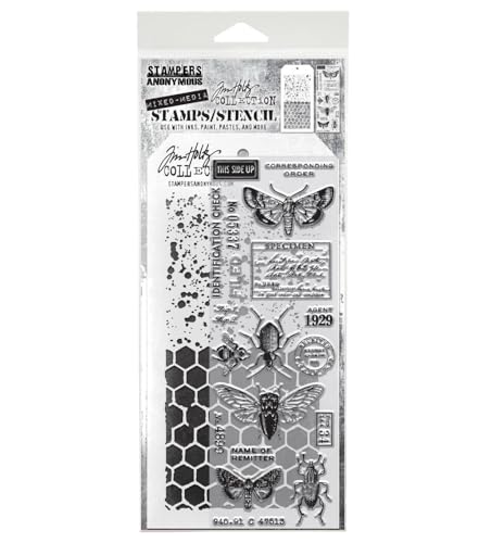 Tim Holtz Collection Stamper's Anonymous Tim Holtz Honeycomb & Insects Mixed Media Stamp and Stencil Set THMM111 - Image 1