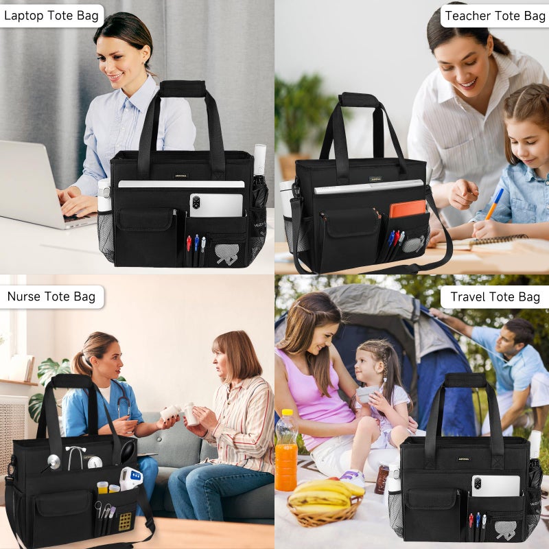 Jaffzora Jaffzora Teacher Tote Bag for Women, Large Utility Tote Bag with Multi-pockets and Shoulder Strap for Teachers, Nurses, Accountants & Work Women, Black, Black  - Image 2