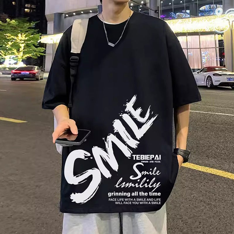 Summer Trendy Brand Short-Sleeved Men'S Fashionable Loose T-Shirt Men'S Half-Sleeved T-Shirt Junior High School Students Printed Plus Size Men'S Clothes T-Shirt - Image 1