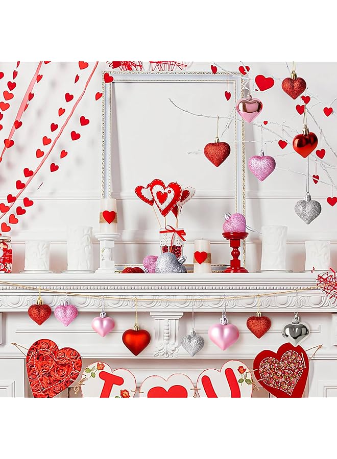 The Bros Valentines Day Decorations, 36pcs Heart Shaped Ornaments, Glitter Red Heart Shaped Hanging Bubles, Romantic Pink Glossy Valentine's Day Decor for Outdoor Indoor Party Wedding Engagement Lover - Image 1