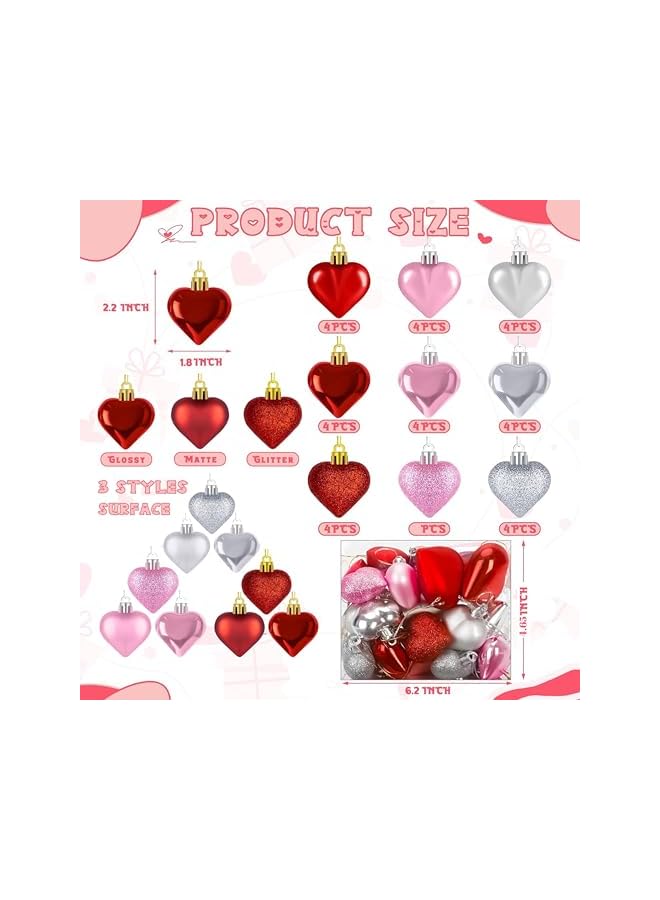 The Bros Valentines Day Decorations, 36pcs Heart Shaped Ornaments, Glitter Red Heart Shaped Hanging Bubles, Romantic Pink Glossy Valentine's Day Decor for Outdoor Indoor Party Wedding Engagement Lover - Image 2
