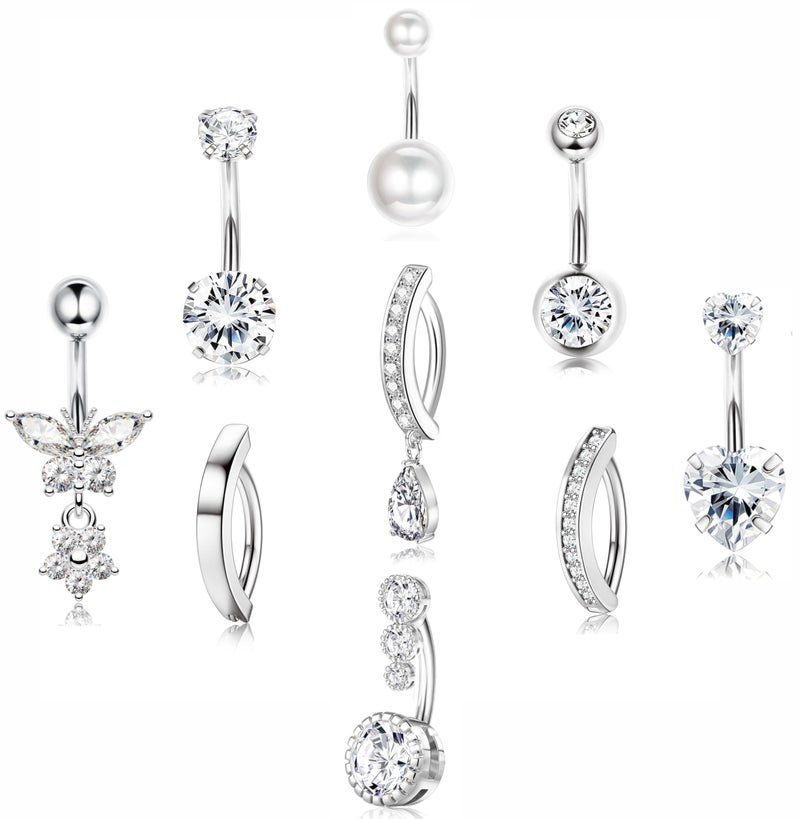 PLOMFOV Silver Belly Button Ring Surgical Steel Belly Rings for Women 14G Belly Button Piercing CZ Pearl Cute Navel Ring Belly Piercing Jewelry - Image 1