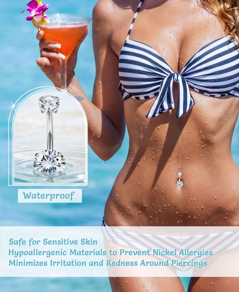 PLOMFOV Silver Belly Button Ring Surgical Steel Belly Rings for Women 14G Belly Button Piercing CZ Pearl Cute Navel Ring Belly Piercing Jewelry - Image 2