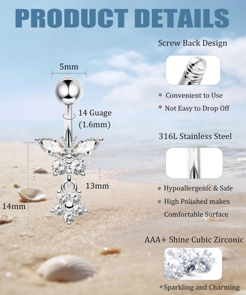PLOMFOV Silver Belly Button Ring Surgical Steel Belly Rings for Women 14G Belly Button Piercing CZ Pearl Cute Navel Ring Belly Piercing Jewelry - Image 3