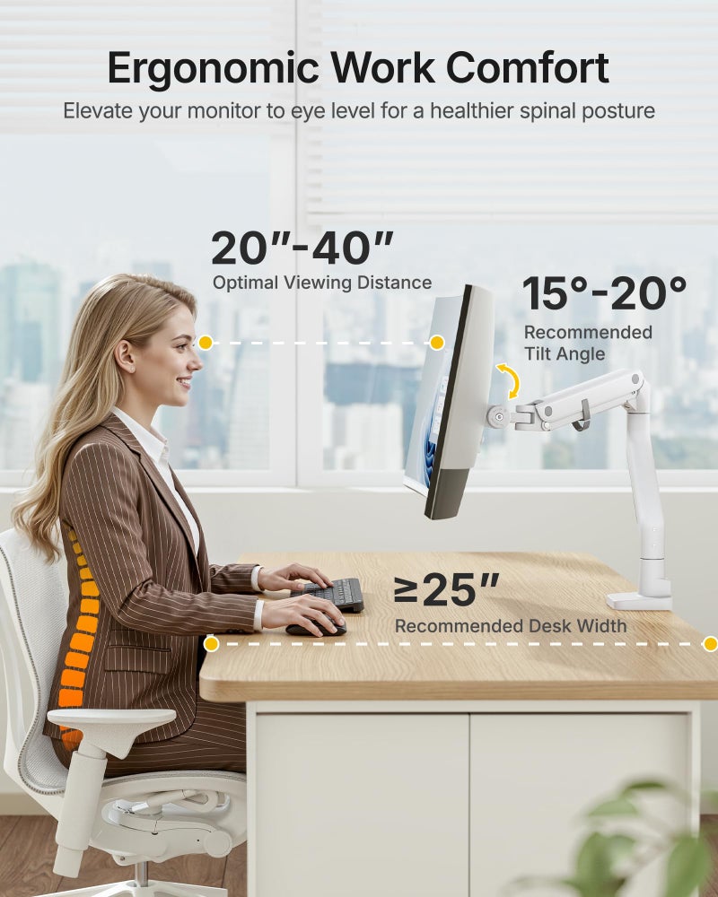 monTEK Heavy-Duty Monitor Arm for 17-57" Ultrawide Curved Screen, Supports up to 59.4 lbs, Adjustable Gas Spring Arm, 75/100 VESA Mount, Clamp & Grommet Desk Monitor Mount Single, White - Image 3