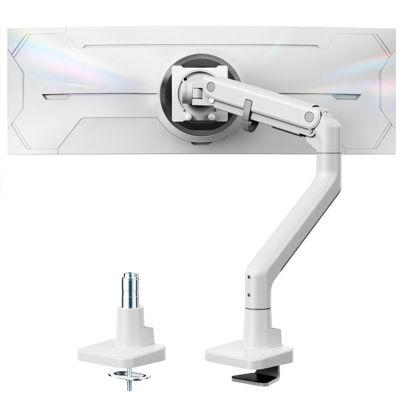monTEK Heavy-Duty Monitor Arm for 17-57" Ultrawide Curved Screen, Supports up to 59.4 lbs, Adjustable Gas Spring Arm, 75/100 VESA Mount, Clamp & Grommet Desk Monitor Mount Single, White - Image 1
