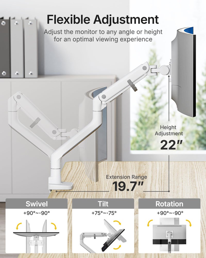 monTEK Heavy-Duty Monitor Arm for 17-57" Ultrawide Curved Screen, Supports up to 59.4 lbs, Adjustable Gas Spring Arm, 75/100 VESA Mount, Clamp & Grommet Desk Monitor Mount Single, White - Image 4