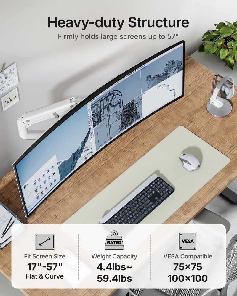 monTEK Heavy-Duty Monitor Arm for 17-57" Ultrawide Curved Screen, Supports up to 59.4 lbs, Adjustable Gas Spring Arm, 75/100 VESA Mount, Clamp & Grommet Desk Monitor Mount Single, White - Image 2