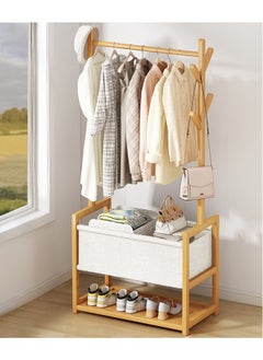 XiuWoo Multifunctional Bamboo Clothes Rack Garment Rack Clothes Shoes Organizer Coat Hanging Rack With Cloth Basket for Balcony Home Bedroom Living Room  - Image 1
