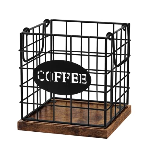 BCOZLUX Coffee Pod Holder Organizer,Large Capacity K Cup Holder Organizer, Storage Basket for Kitchen Countertop Office Coffee Bar with Wooden Base(Rustic Brown-Square) - Image 1