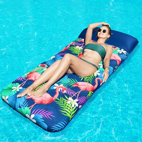 FindUWill Oversized Pool Floats Adults 72 x38 XLarge Fabric Covered Tanning Pool Lounger Inflatable Pool Float with Headrest UltraComfort Pool Floaties Raft Lake Beach FloatXL Flamingo - Image 1
