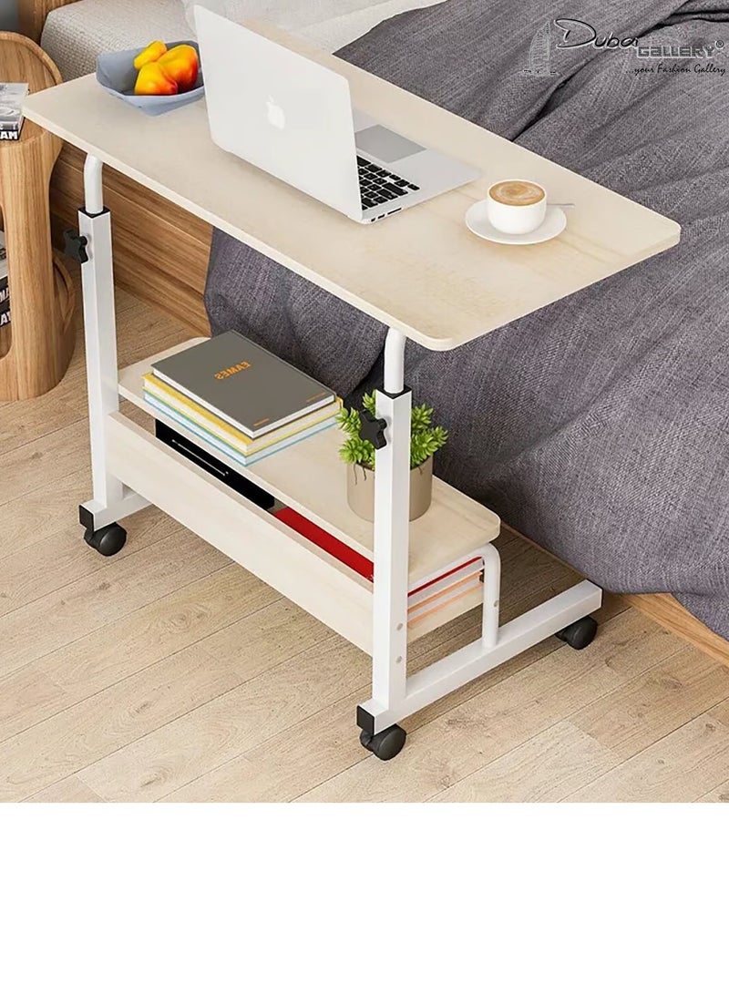 DubaiGallery Adjustable Side Bed Table Mobile Laptop Desk Cart with Storage Shelf Overbed Tray Table with Wheels Computer Writing Desk  - Image 1