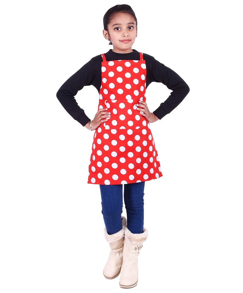 Switchon Cotton Waterproof Polka Dot Waist Adjustable Kids Cooking Apron with a Pockets Kitchen Apron - Red and White 52 cm x 40.2 cm (20.47 L X 15.8 W inch) - Image 1