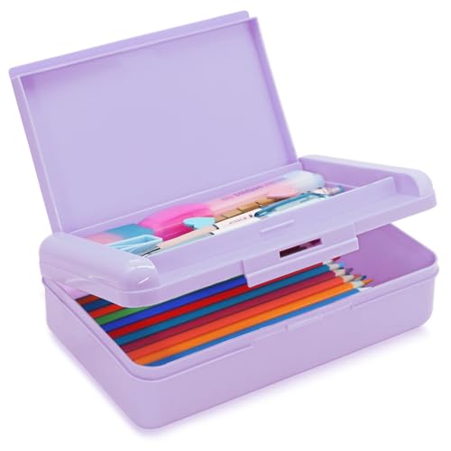 Nuozme Double Layer Pencil Box, Hard Pencil case 2 Compartments, Plastic Large Capacity Pencil Case with Snap-tight Lid, Hard Storage Organizer Box for Girl Boy, Medium-sized(Purple) - Image 1